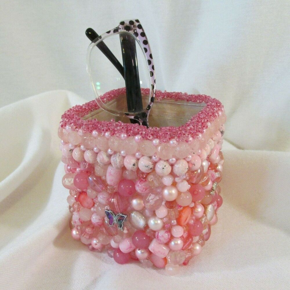 3.5in Pink Jewelry Art Trinket Embellished Beads Affirmation Square Container
